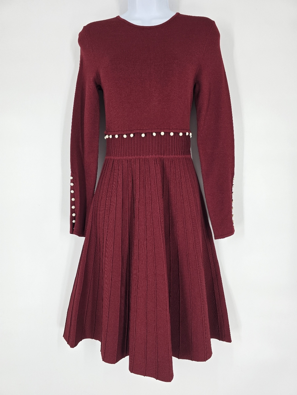 Lela Rose Bordeaux Red Knit Pleated Dress Pearls Size S Sample